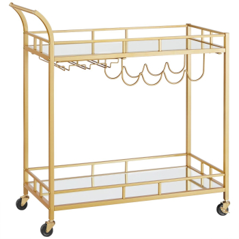 Raft mobil pentru bucatarie Artool pe roti otel sticla cu suport pahare si sticle auriu 86x38x90 cm 
