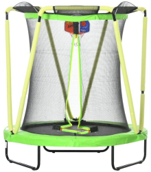 Trambulina copii 3-10 ani 140x155 cm cu plasa protectie cos de baschet 20 bile colorate verde si galben max 50 kg 