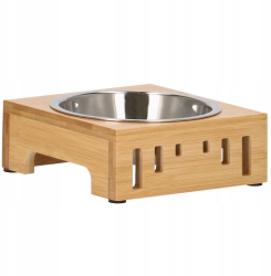 Castron bol pentru caine pisica cu suport bambus metal inox 14 cm