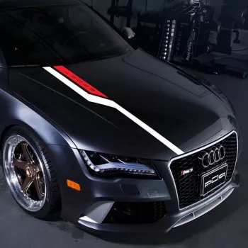 Set sticker autoadeziv Tuning in doua culori model Hood Stripes V3 dimensiune 130 x 10 cm culoare Rosu + Negru