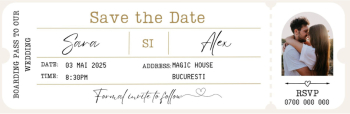 Invitatie/Marturie Electronica Save The Date pentru nunta personalizabil model semn de carte ticket imbarcare avion 