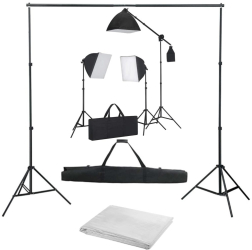 Kit foto studio 3 lumini softbox suport fundal 2x3m 3x bec 150W panza fundal alb 2x3m macara + geanta transport 