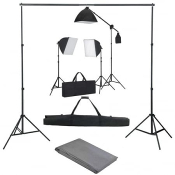 Kit foto studio 3 lumini softbox suport fundal 2x3m 3x bec 150W panza fundal gri 2x3m macara + geanta transport 