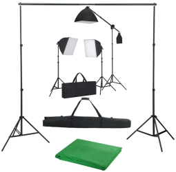Kit foto studio 3 lumini softbox suport fundal 2x3m 3x bec 150W panza fundal verde 2x3m macara + geanta transport 