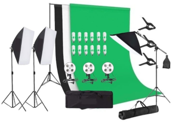 Kit studio foto 3 lumini softbox suport fundal 2x3m 12x bec 45W 3 panze fundal multicolore si geanta transport 