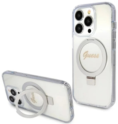 Husa pentru iPhone 15 Pro - Guess Ring Stand Script Glitter MagSafe GUHMP15LHRSGSD - Clear 