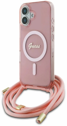 Husa pentru iPhone 16 - Guess IML Crossbody Cord Script MagSafe GUHMP16SHCTSGNSP - Pink 