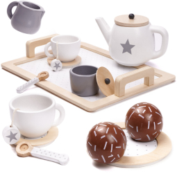 Set de ceai din lemn pentru copii Montessori joc de rol accesorii incluse crem cu maro 
