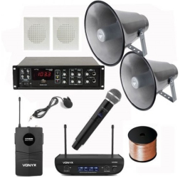 Sistem Sonorizare Biserica Interior-exterior 2xBoxe Interior 2xBoxe Horn exterior Microfon de mana si Lavariera fara fir Amplificator 45w 