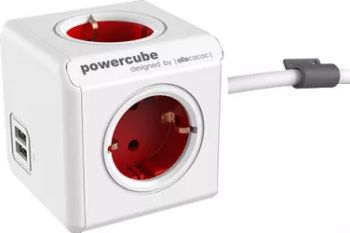 Prelungitor in forma de cub 4 prize 2 USB lungime cablu 1.5m rosu Allocacoc