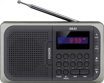 Radio portabil Akai Receiver FM cu Frecventa Raspuns 80 108 mHz Interfata USB pentru MP3 Player Baterie 400 mAH Reincarcabila Display 