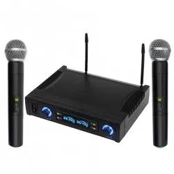 Set 2 microfoane profesionale wireless 100 m cu Receiver Carcasa metalica display LCD + cutie profesionala de transport