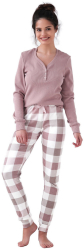 Pijama dama Sensis Sammie cu maneca lunga si pantaloni lungi model carouri roz pudra cu alb bumbac XL 