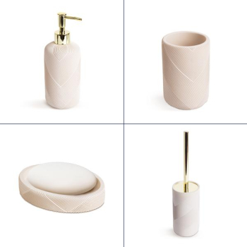 Set baie - dozator de sapun sticla vas de sapun perie de toaleta + suport - culoare bej mat si auriu 