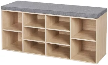 Banca depozitare incaltaminte pantofar pentru hol Artool pal 10 rafturi stejar si gri 104x30x48 cm 