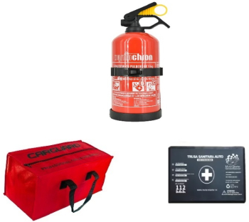 Kit Siguranta Auto Omologat Geanta depozitare Trusa medicala Stingator P1 cu suport 