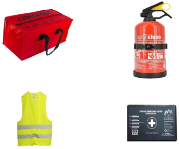 Kit Siguranta Auto Omologat Geanta depozitare Trusa medicala Stingator P1 cu suport Vesta reflectorizanta 