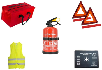 Kit Siguranta Auto Omologat Geanta depozitare Trusa medicala Stingator P1 cu suport Vesta Triunghiuri reflectorizante 