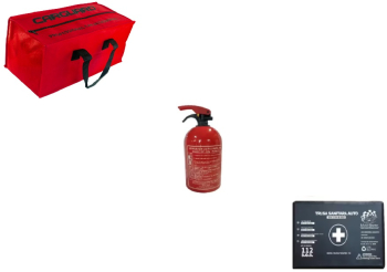 Kit Siguranta Auto Omologat Geanta depozitare Trusa medicala Stingator pulbere P1 