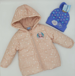 Geaca matlasata toamna/iarna Frozen roz prafuit+ caciula cu ciucuri cadou 8 ani 128 cm 