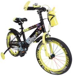 Bicicleta copii 4-6 ani cu roti ajutatoare si bidon pentru apa in suport JHT 14 inch Galben 