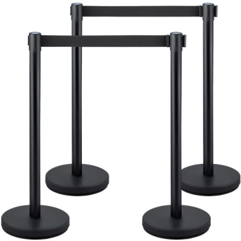 Set 4 stalpi delimitare Banda retractabila in 4 directii Inox Negru Inaltime 90 cm Heavy Duty
