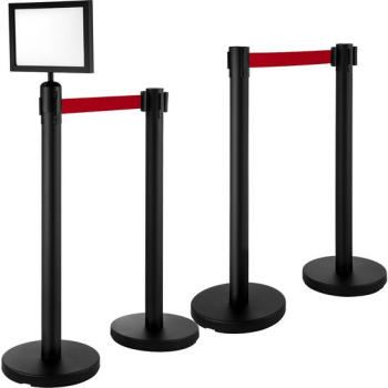 Set 4 stalpi delimitare cu suport avertizare Centura in 4 directii lungime 2 m Inox Negru Inaltime 90 cm 