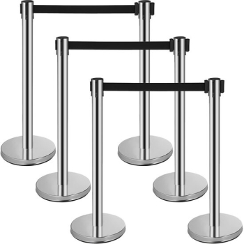 Set 6 stalpi delimitare centura retractabila in 4 directii Inox Argintiu Inaltime 90 cm baza stabila 