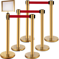 Set 6 stalpi delimitare cu suport avertizare Inox Centura rosie in 4 directii lungime 2 m Auriu Inaltime 90 cm