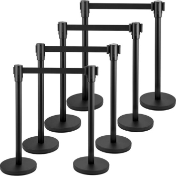 Set 8 stalpi delimitare Banda retractabila in 4 directii Inox Negru Inaltime 90 cm Heavy Duty 