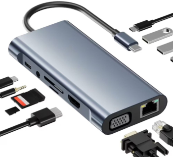 Adaptor USB-C 3.1 Multiport 11 in 1 DSD HDMI 4K 1x USB-C Data 3x USB-A 3.0 Audio Cititor card TF si SD Compatibil cu Laptop Telefon Gri 