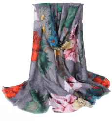 Esarfa dama tip sal cu print floral multicolora fond gri 90 x 180 cm