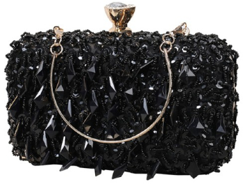 Gentuta dama eleganta clutch cu margele si paiete negre cu lantisor si maner auriu 200x60x120mm