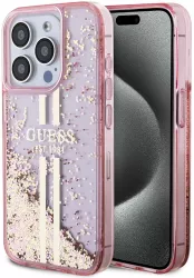 Husa pentru iPhone 15 Pro - Guess Liquid Glitter Gold Stripes GUHCP15LLFCSEGP - Pink 