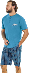 Pijama barbati bumbac 240359 tricou maneca scurta cu pantalon scurt-Albastru-S INTL 