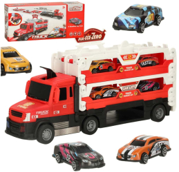 Camion transportor cu lumini sunete si 6 masinute rosu 