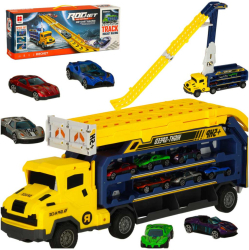 Camion transportor cu pista de curse si 6 masinute galben 