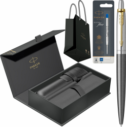 Pix Parker Jotter Royal Core Grey GT personalizat prin gravura laser rezerva pix Jumbo Quink Flow albastra etui in cutie cu etui si punga 