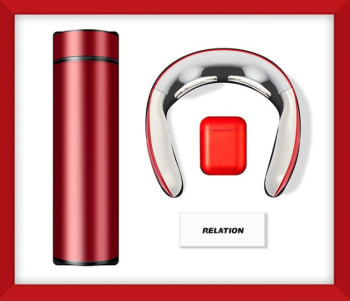 Pachet Cadou Premium Cana cu Afisaj Casti Wireless si Aparat de Masaj &ndash Eleganta si Relaxare intr-un Design Rosu Modern&rdquo