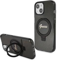 Husa pentru iPhone 15 - Guess Ring Stand Script Glitter MagSafe GUHMP15SHRSGSK - Black 
