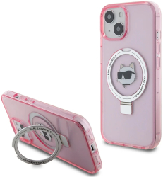 Husa pentru iPhone 15 - Karl Lagerfeld Hardcase Ring Stand MagSafe KLHMP15SHMRSCHP - Pink Choupette Head 