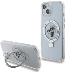 Husa pentru iPhone 15 - Karl Lagerfeld Hardcase Ring Stand MagSafe KLHMP15SHMRSKCH - White Karl&Choupette 