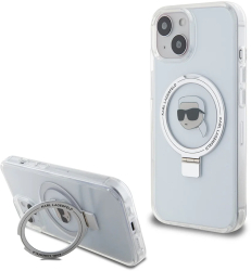 Husa pentru iPhone 15 - Karl Lagerfeld Hardcase Ring Stand MagSafe KLHMP15SHMRSKHH - White Karl Head 