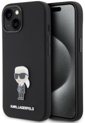 Husa pentru iPhone 15 - Karl Lagerfeld Silicone KLHCP15SSMHKNPK - Ikonik Metal Pin 