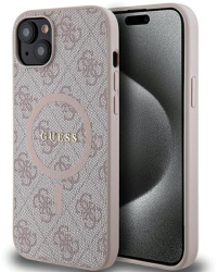 Husa pentru iPhone 15 Plus - Guess 4G Collection Leather MagSafe GUHMP15MG4GFRP - Pink 