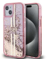 Husa pentru iPhone 15 Plus - Guess Liquid Glitter Gold Stripes GUHCP15MLFCSEGP - Pink 