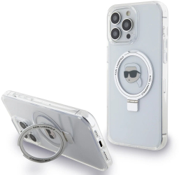 Husa pentru iPhone 15 Pro - Karl Lagerfeld Hardcase Ring Stand MagSafe KLHMP15LHMRSKHH - White Karl Head 