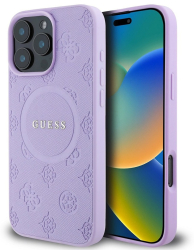 Husa pentru iPhone 16 Pro - Guess Saffiano Peony Classic Logo MagSafe GUHMP16LPSAPSMEU - Purple 