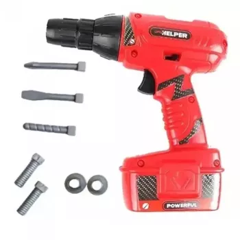 Bormasina din plastic cu baterii si accesorii pe blister pentu copii rosu