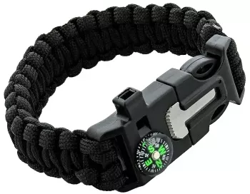 Bratara de supravietuire in aer liber tip army 5 in 1 paracord busola fluier cutit cremene negru 26 cm